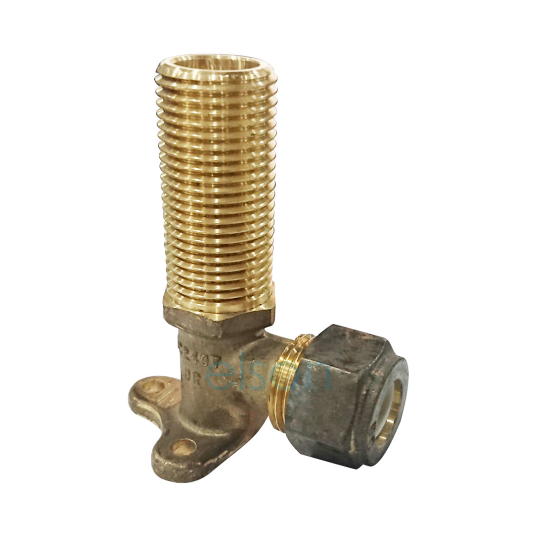 A brass elbow lug with a nylon olive finish, featuring 15mm x 15mm threads, suitable for potable water applications.