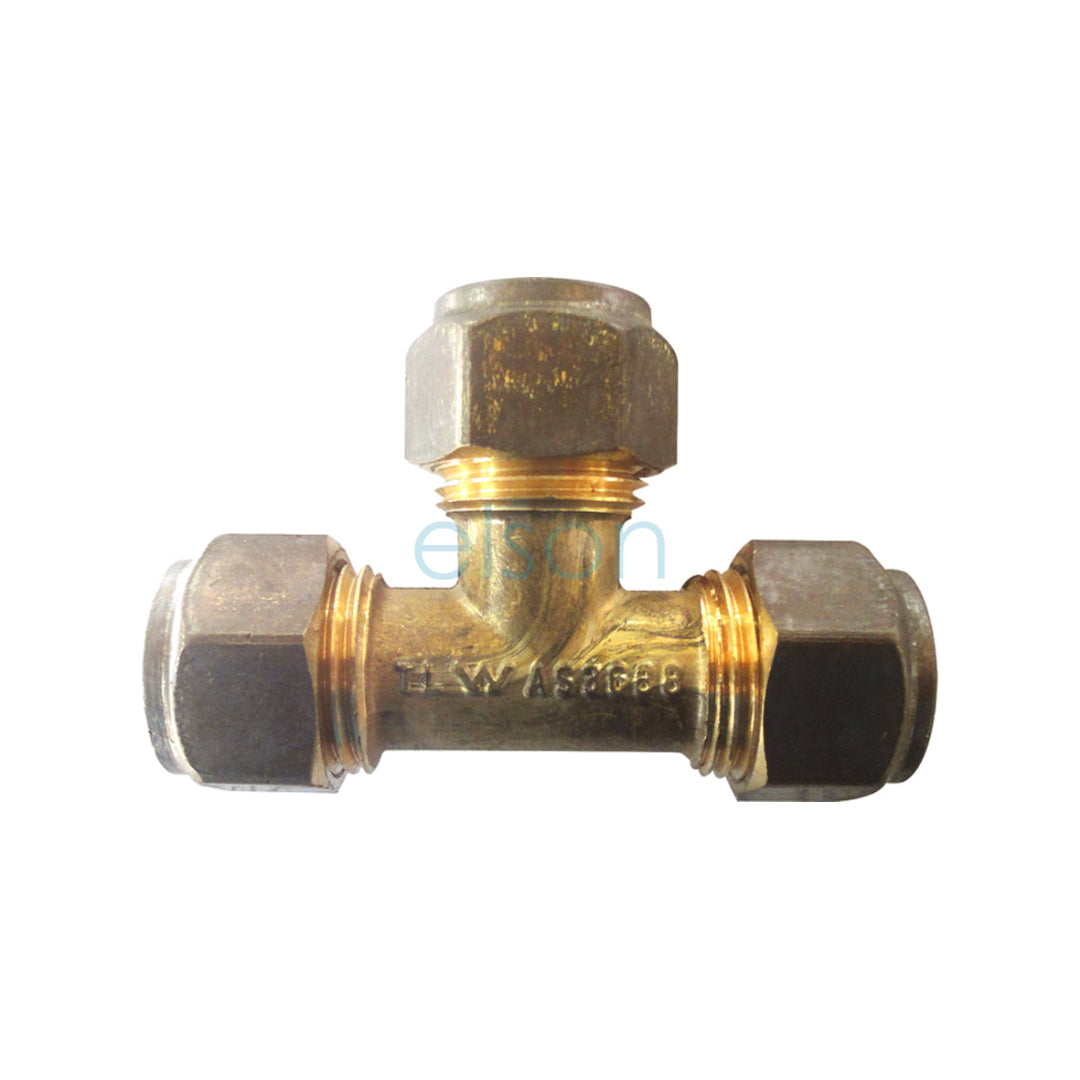 A bronze-colored brass nylon olive tee plumbing fitting with two pipes extending from it.