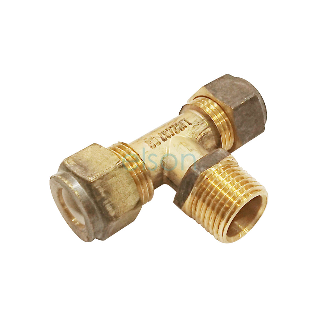 A gold-colored brass tee connector for plumbing with olive green nylon threads.