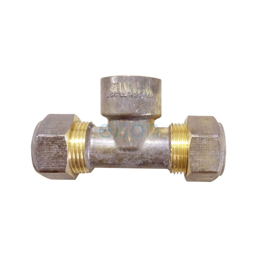 A bronze-colored brass tee connector for plumbing with a 20mm x 20mm thread size.