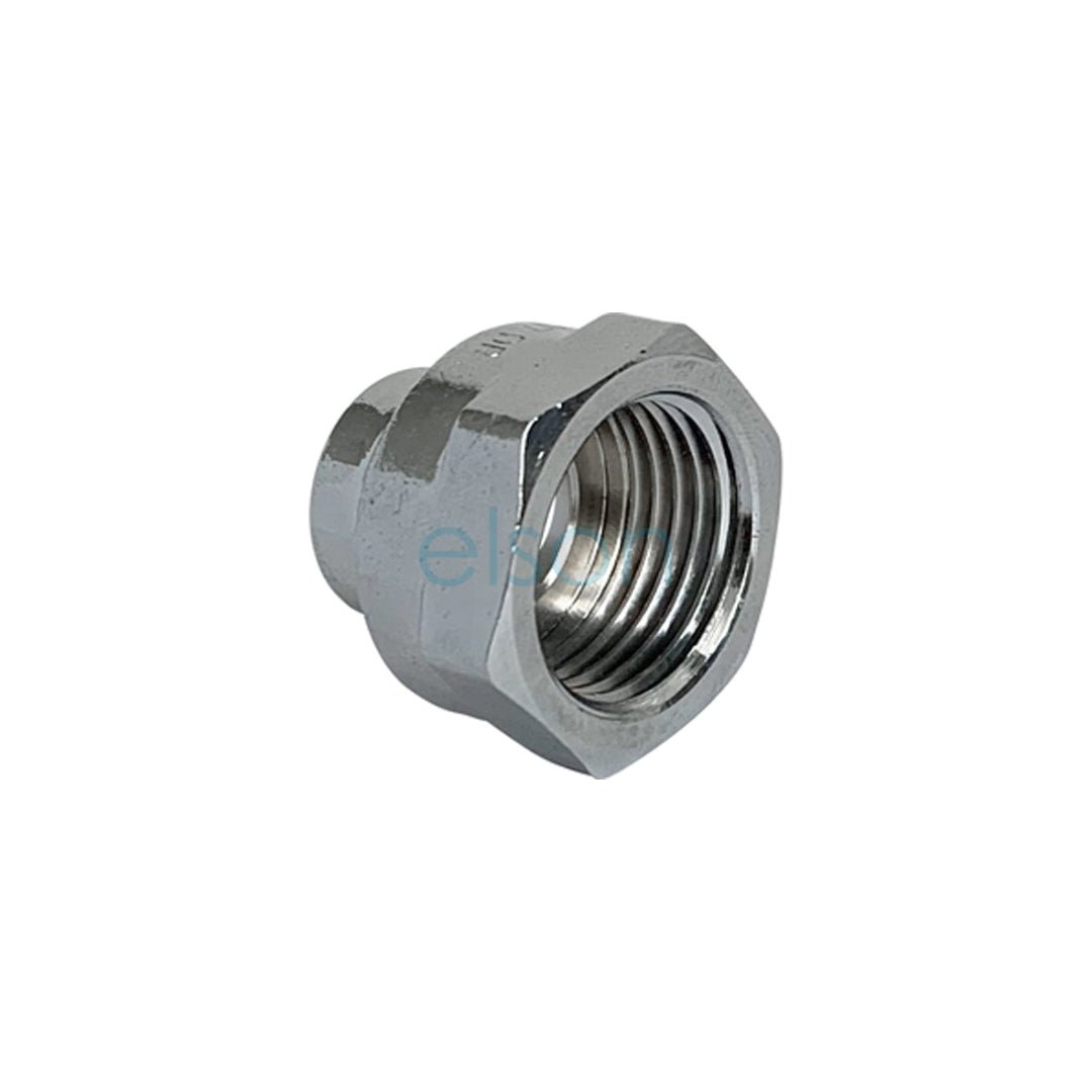 A silver-colored chrome plated crox nut, which is a type of plumbing fitting, with a threaded interior and a smooth exterior surface.