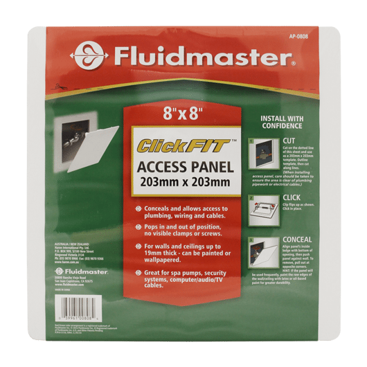 Packaging for Fluidmaster 8 inch access panel, showing the product and installation instructions.