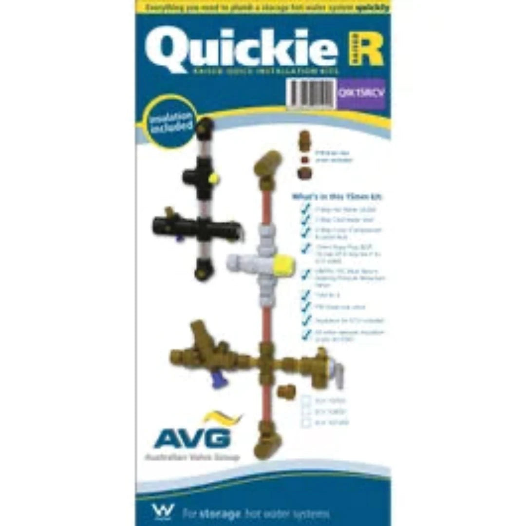 Packaging of the AVG Quickie Kit QIK15RCV featuring a 15mm storage unit solution with standard tempering and NRI-PRV valve, including various plumbing components depicted on the front.