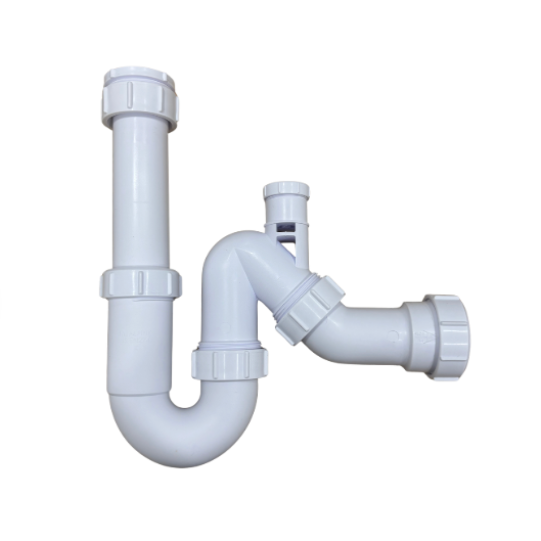 White plastic plumbing fixture on a white background