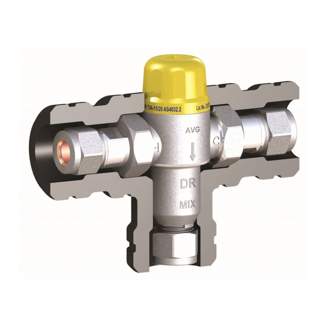 AVG Tempering Valve with a yellow cap and integral insulation, featuring metallic components and a adjustment knob.