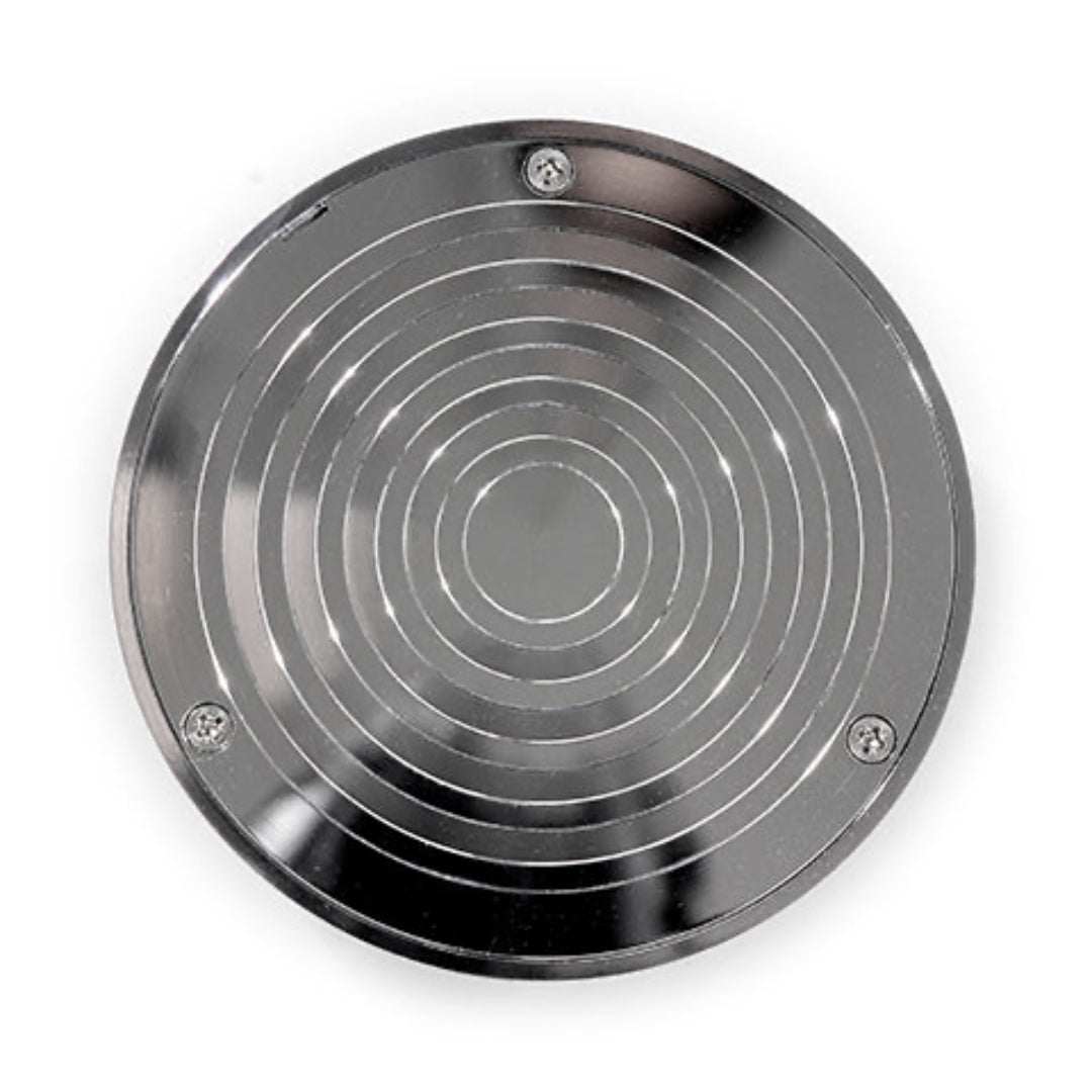 A round PVC drain cover with a flange base, potentially made of stainless steel or chrome, with a visible screw mechanism for bolting.