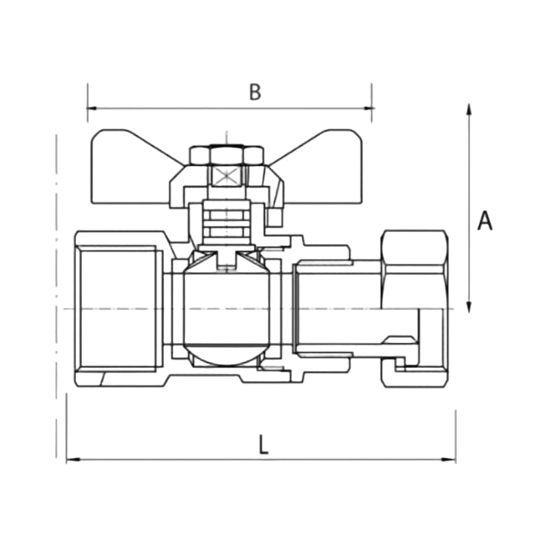 Technical drawing of a valve with dimensions labeled