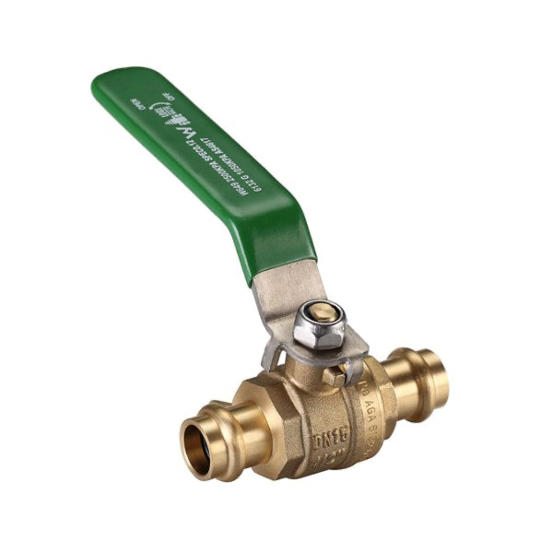 Brass ball valve with green handle on a white background