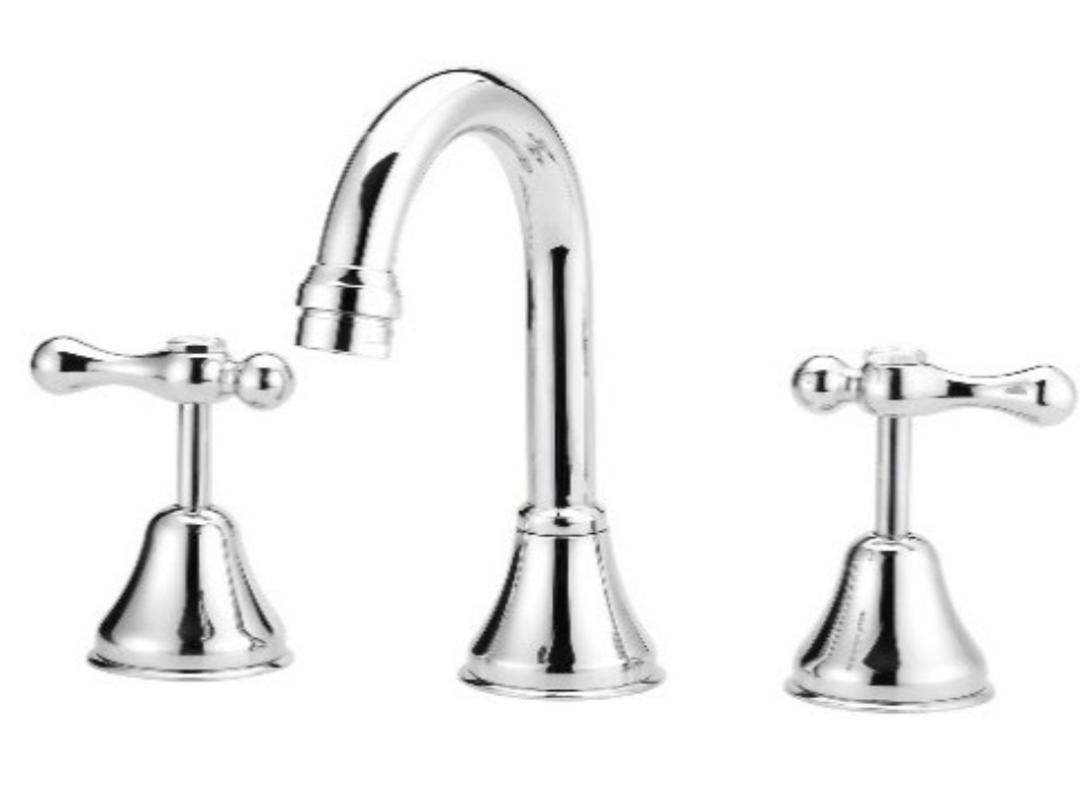 A set of chrome basin levers, including a single lever and a pair of double levers, with a quarter-turn ceramic disc and brass handles.