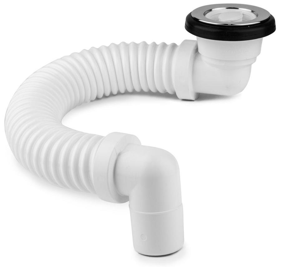 A coiled, white, flexible plumbing drain with a chrome-plated cover on top.