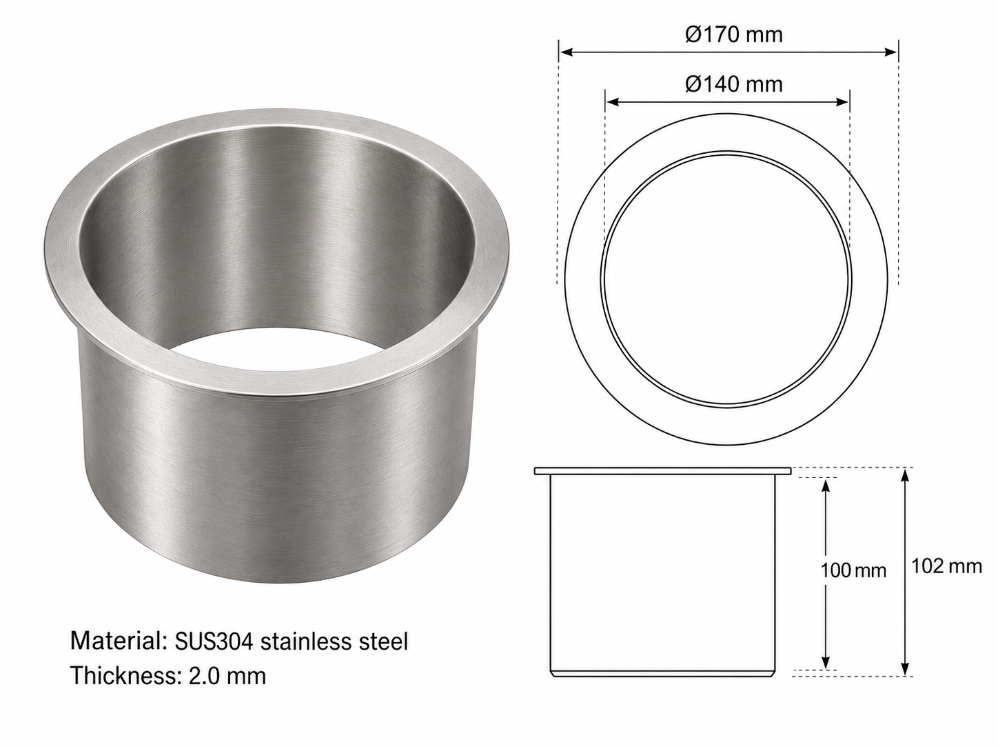 Round Insert Waste Chute - 304 Satin Stainless Steel