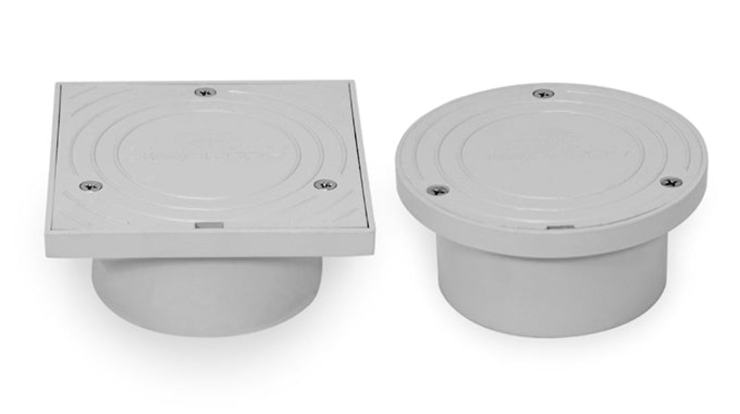 Two gray PVC bolted trap cleanouts, one with a square top and the other with a round top, against a white background.
