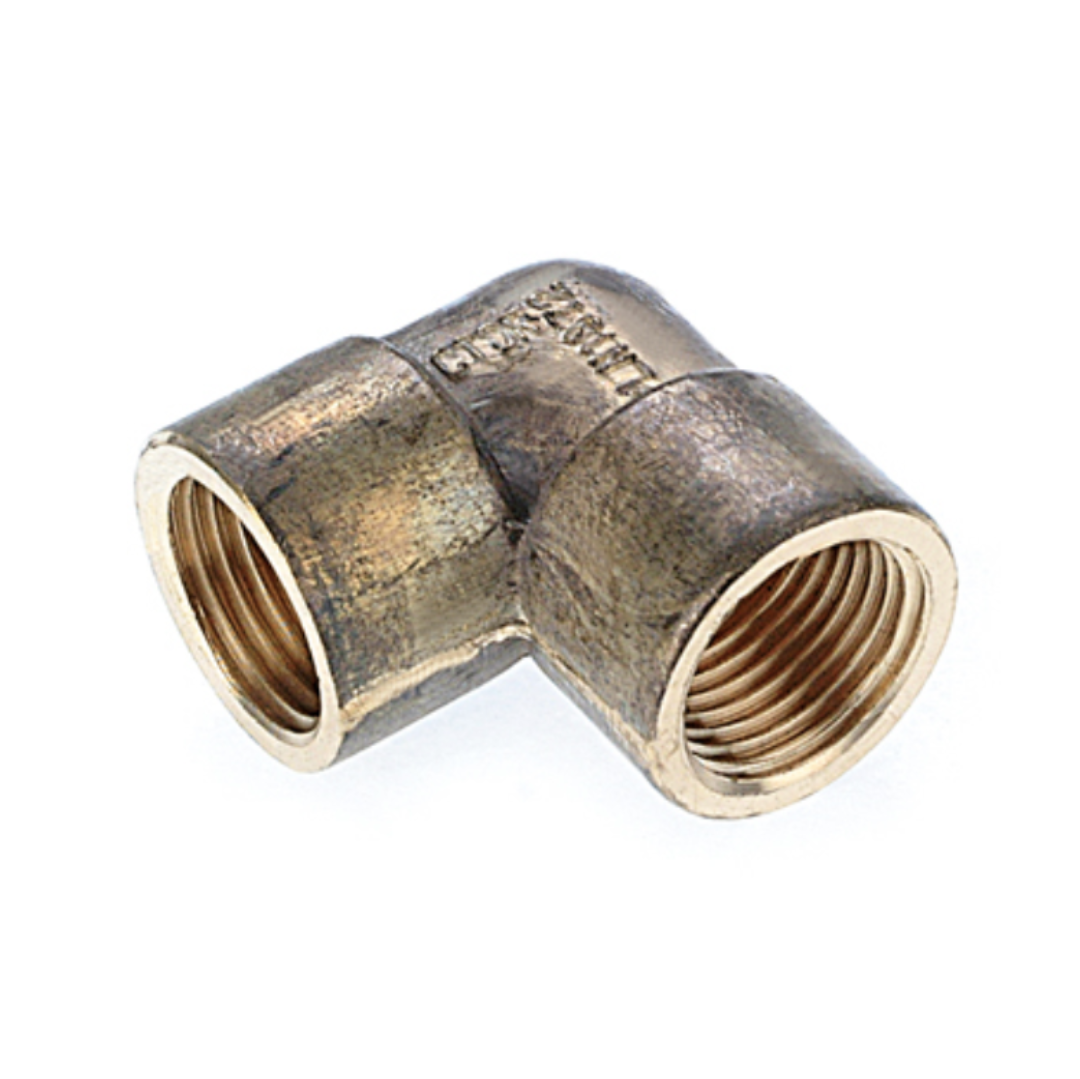 A bronze-colored female elbow brass fitting with two bolt-like connectors on the sides.