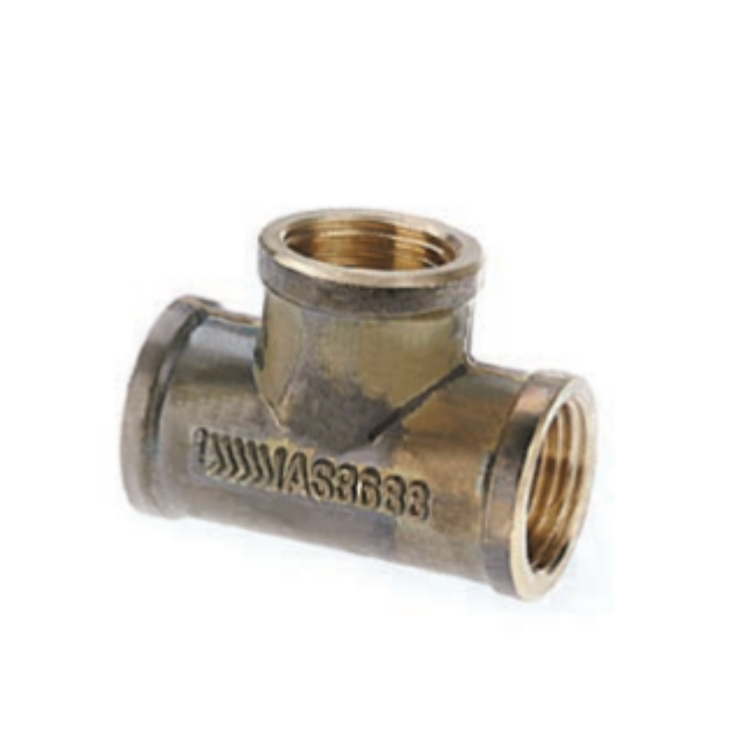 A bronze-colored brass tee pipe connector with two openings for pipe connections.