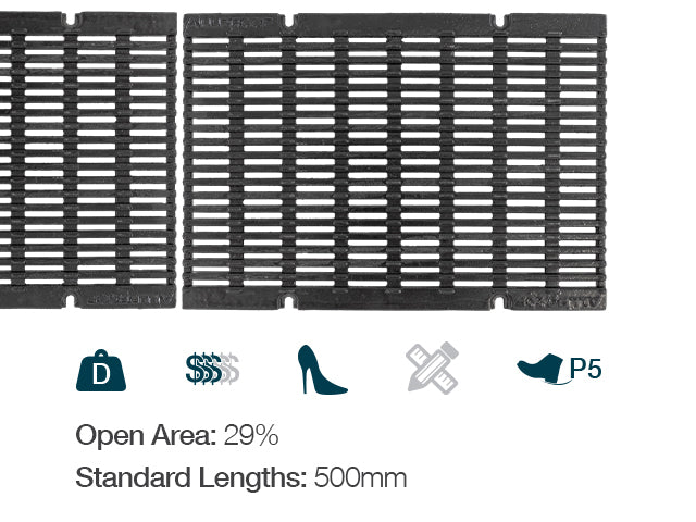 A strip drain with a stainless or galvanised strip drain edge rail, made from recycled polypropylene.