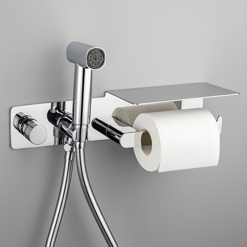 Chrome Bidet Set with Toilet Roll Holder and Tray