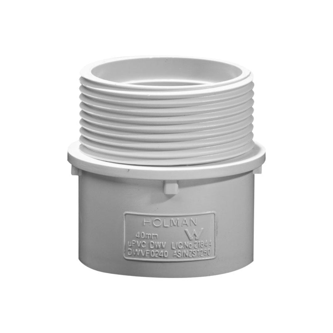 A gray PVC male thread connector pipe with a label indicating the brand and size.