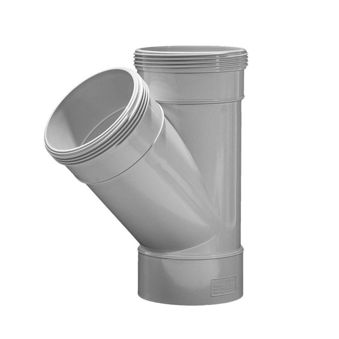 A gray PVC or ABS 45 degree female plain threaded pipe connector.