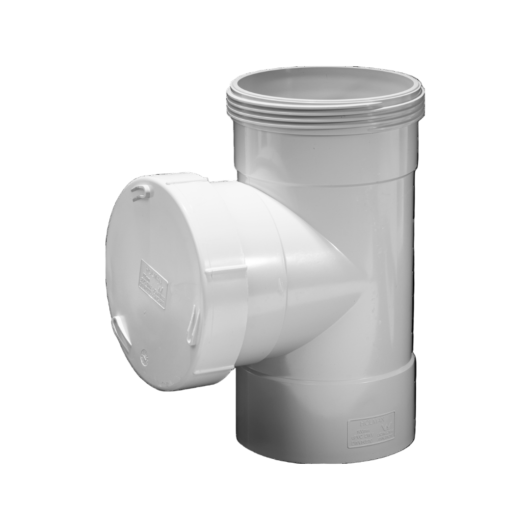 A white inspection junction plumbing fixture, consisting of a main vertical pipe with a smaller horizontal pipe attached at an angle, and a lid on the side.