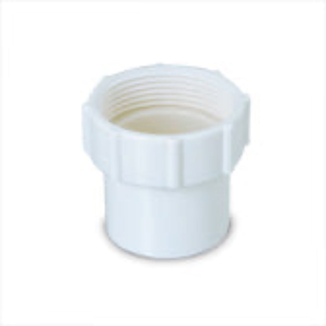 A white DMV female adaptor with a threaded interior for connecting to plumbing fittings.