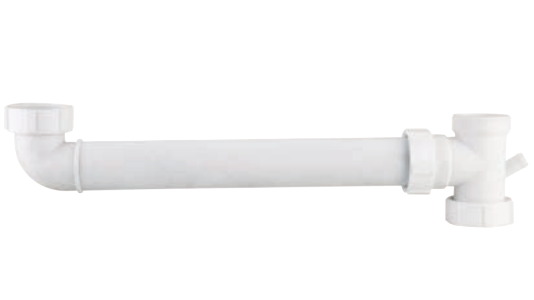 A white double bowl sink connector made from polypropylene, featuring a central pipe with two connecting branches.