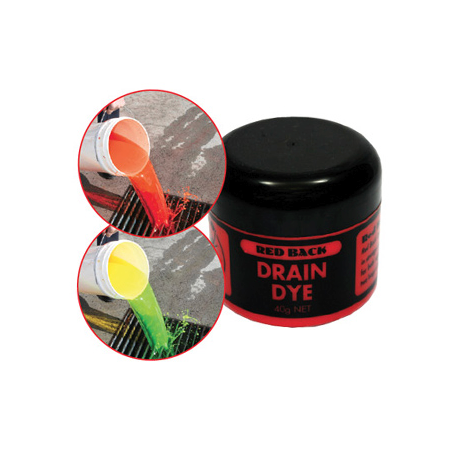 A container of Red Bank Drain Dye with two sachets, one red and one green, for tracing water flows in drains.