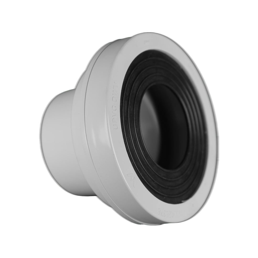 A white 100mm glued pan connector for plumbing, with a black interior.