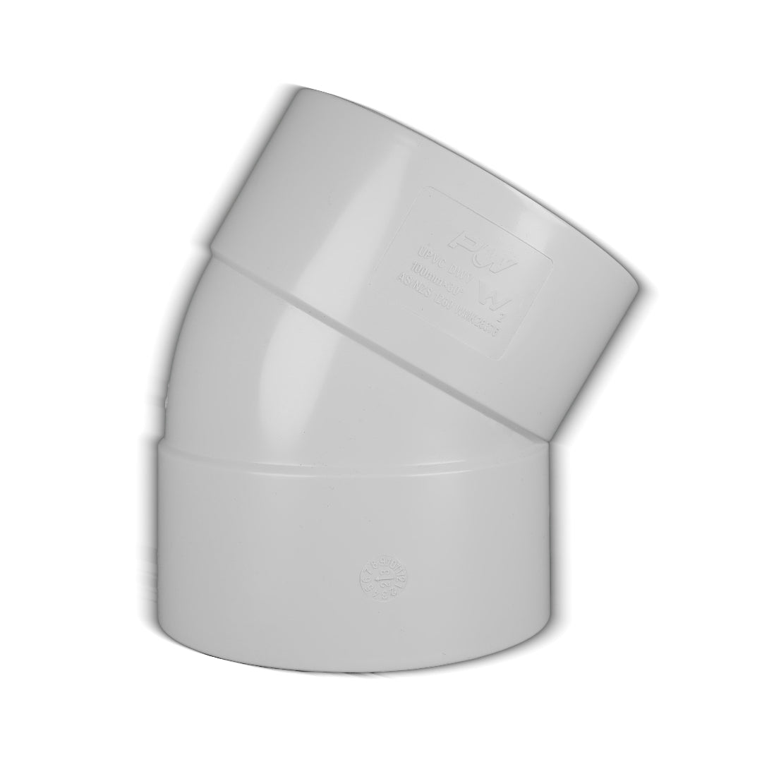 A white 30-degree female plain PVC elbow pipe fitting.