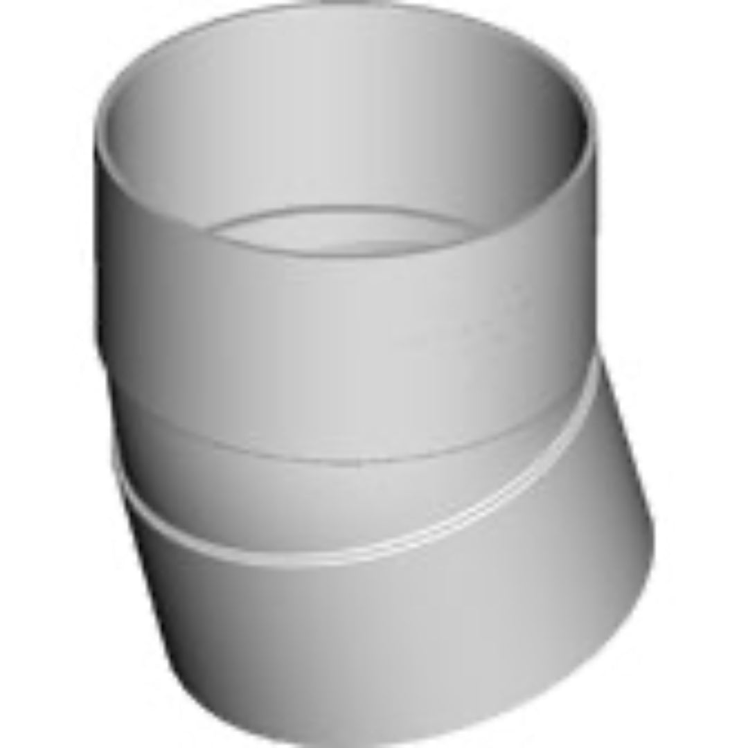 A white plastic pipe bender with a 15-degree bend angle, designed for plumbing applications.