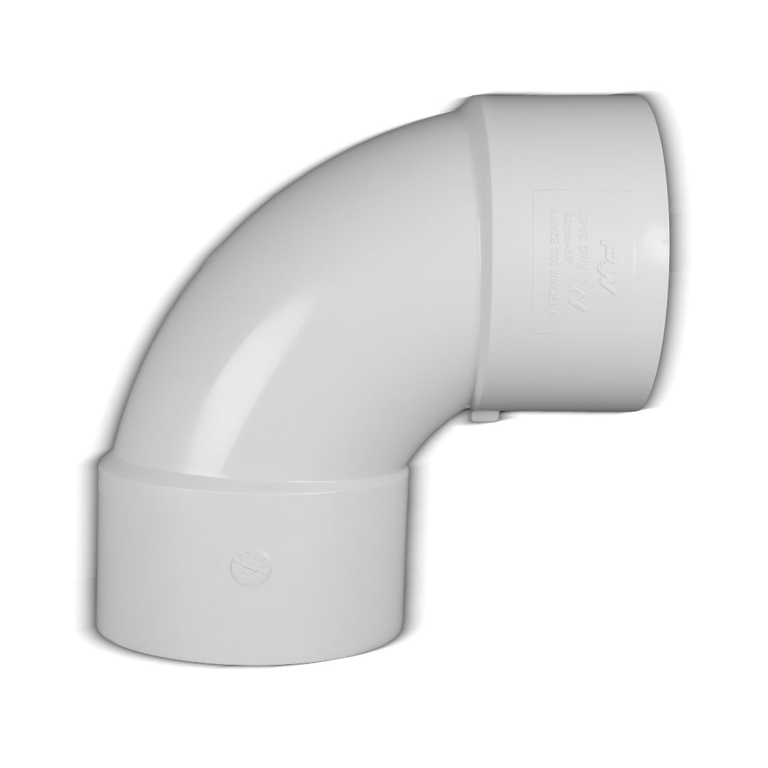 A white 90-degree female plain PVC elbow pipe fitting.