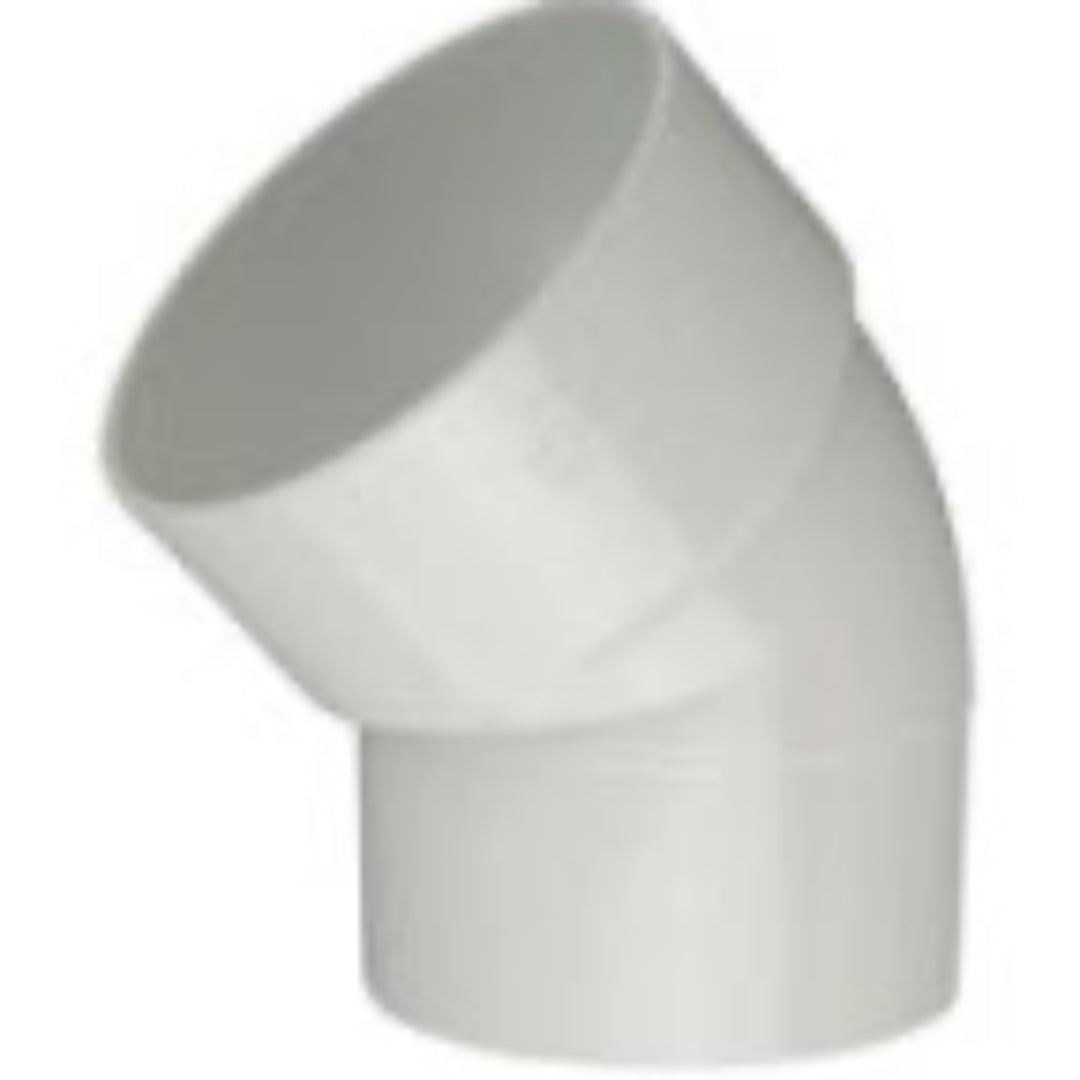 A white DWV bend socket to spigot, 45 degrees, with a smooth surface and no visible branding.