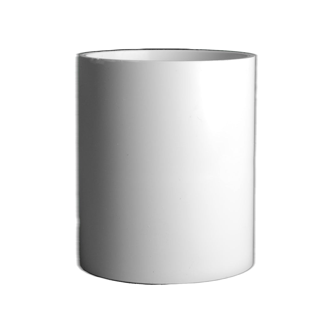 A white cylindrical plumbing fixture coupling.