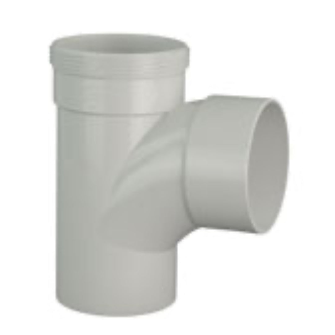 A white plastic DWV junction, which is a type of pipe connector, commonly used in plumbing systems.