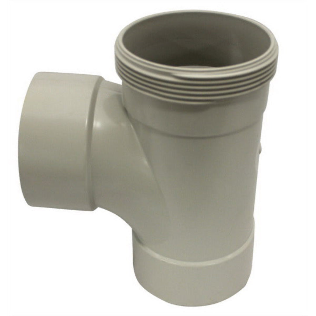 A gray PVC 90 degree male and female plain threaded junction pipe fitting.