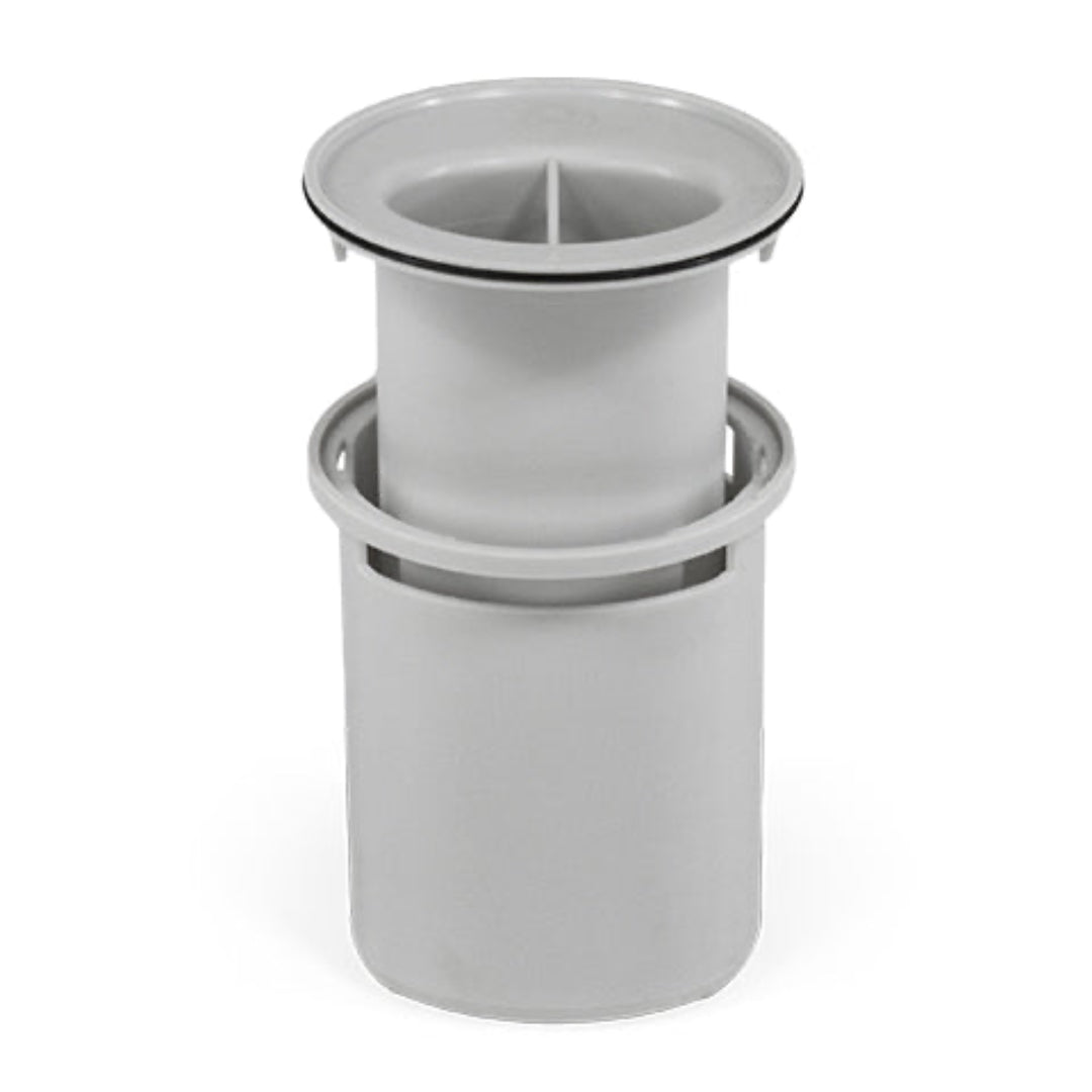 A white plastic wastewater trap with a removable bucket and funnel designed for easy cleaning.