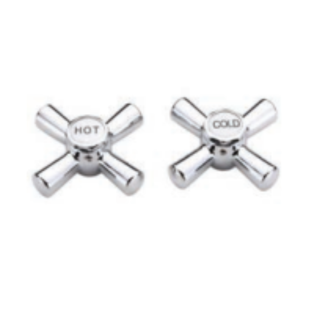 A pair of silver-colored cabinet handles with buttons labeled 'HOT' and 'COLD'.