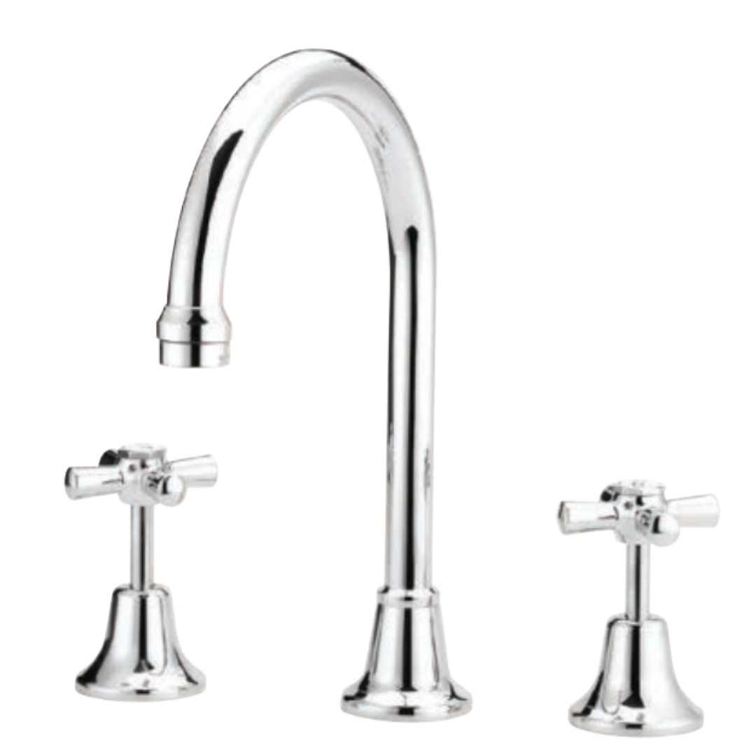 A chrome-plated basin mixer tap with a fixed spout and two cross handles.