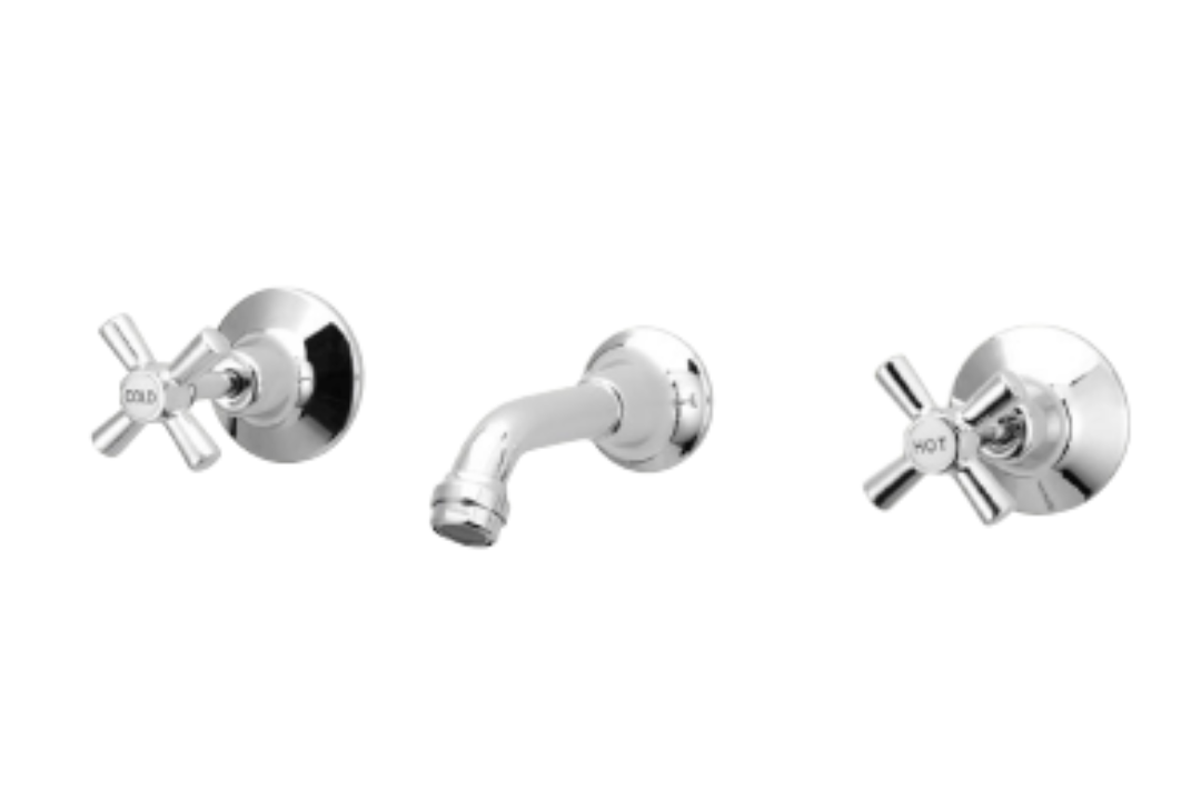 A set of three chrome-plated bathroom fixture handles, including a faucet, a shower, and a bathtub handle, displayed against a white background.