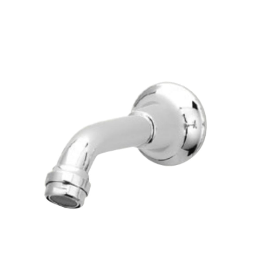 A chrome-plated wall-mounted bath spout with a shiny finish.