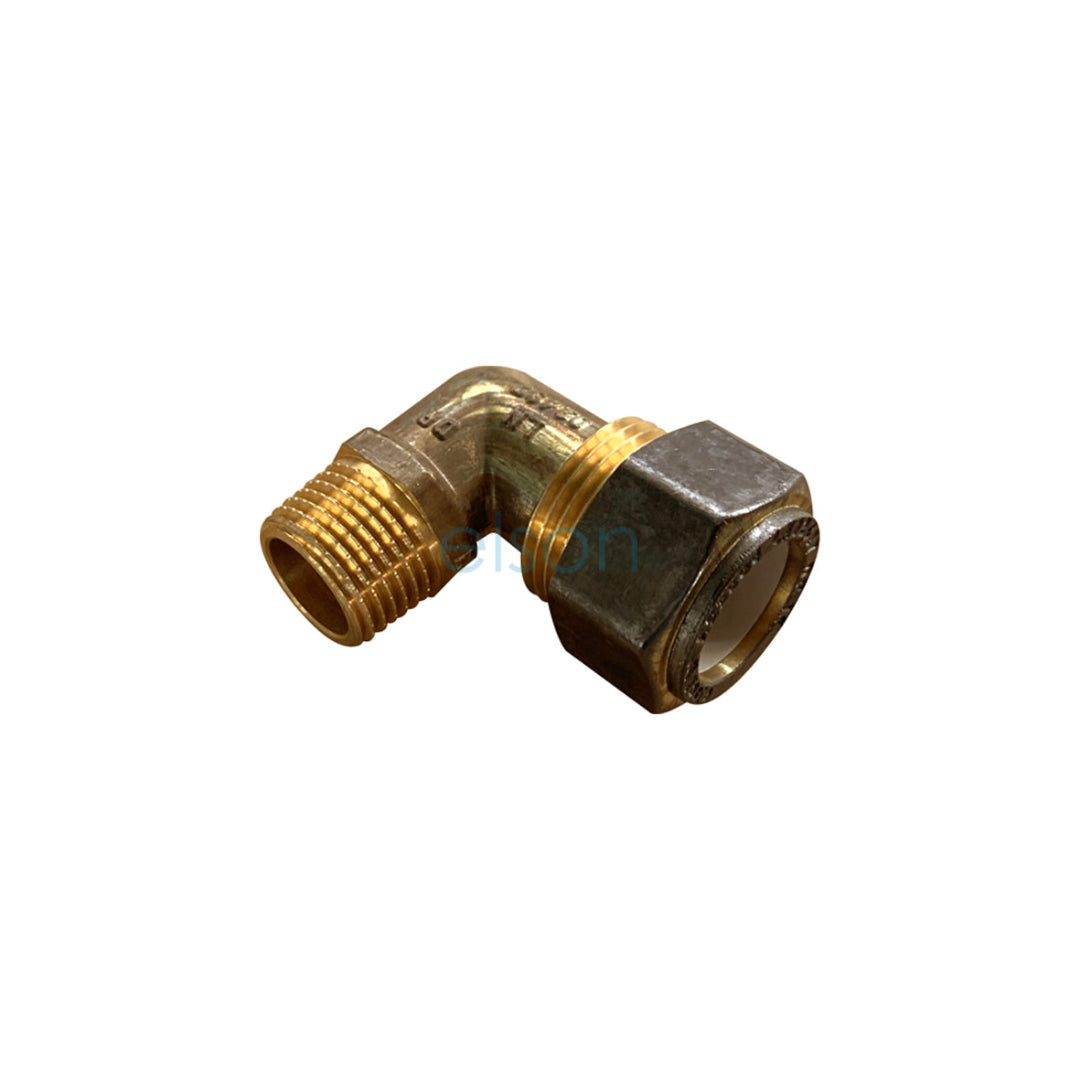 Brass elbow pipe fitting on a white background