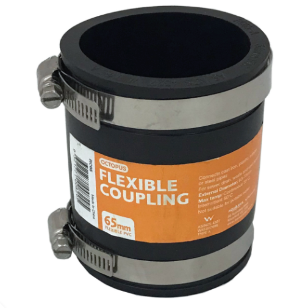 A black 65mm flexible coupling PVC pipe connector with stainless steel clamps.