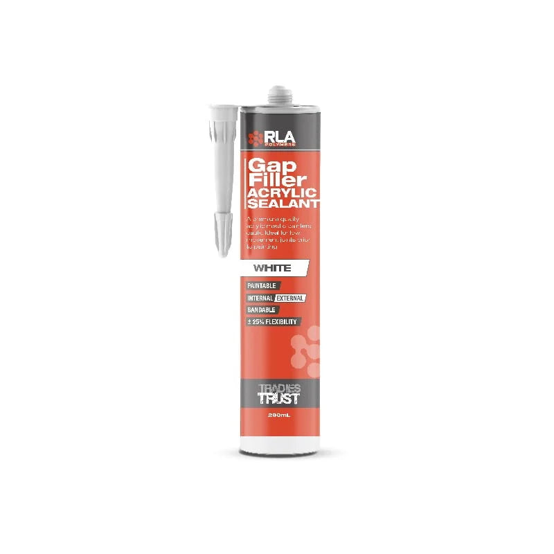 A tube of Gap Filler Acrylic Cement Sealant in white color with branding and product information on the label.