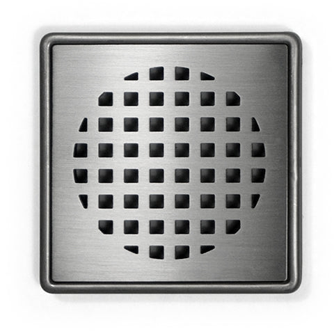 A stainless steel shower drain grate designed for tiled floors.