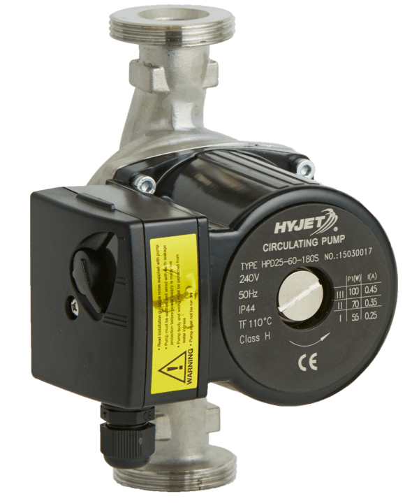 Hyjet Stainless Steel Hot Water Circulator Pump with Couplings - 25mm, 100W, 240V
