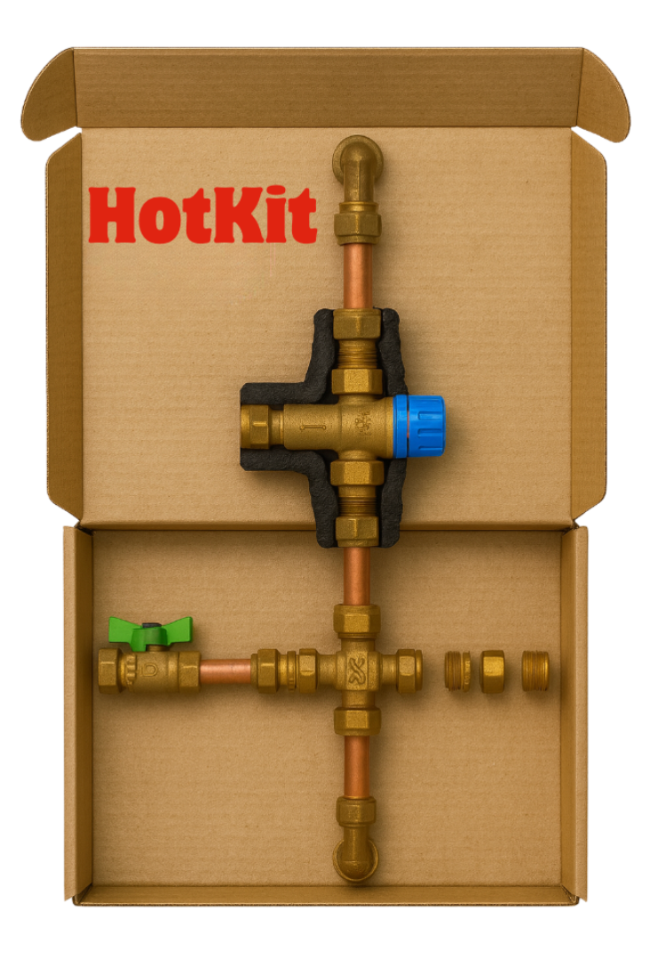 Brass plumbing valve kit on a cardboard box with 'HotKit' branding.
