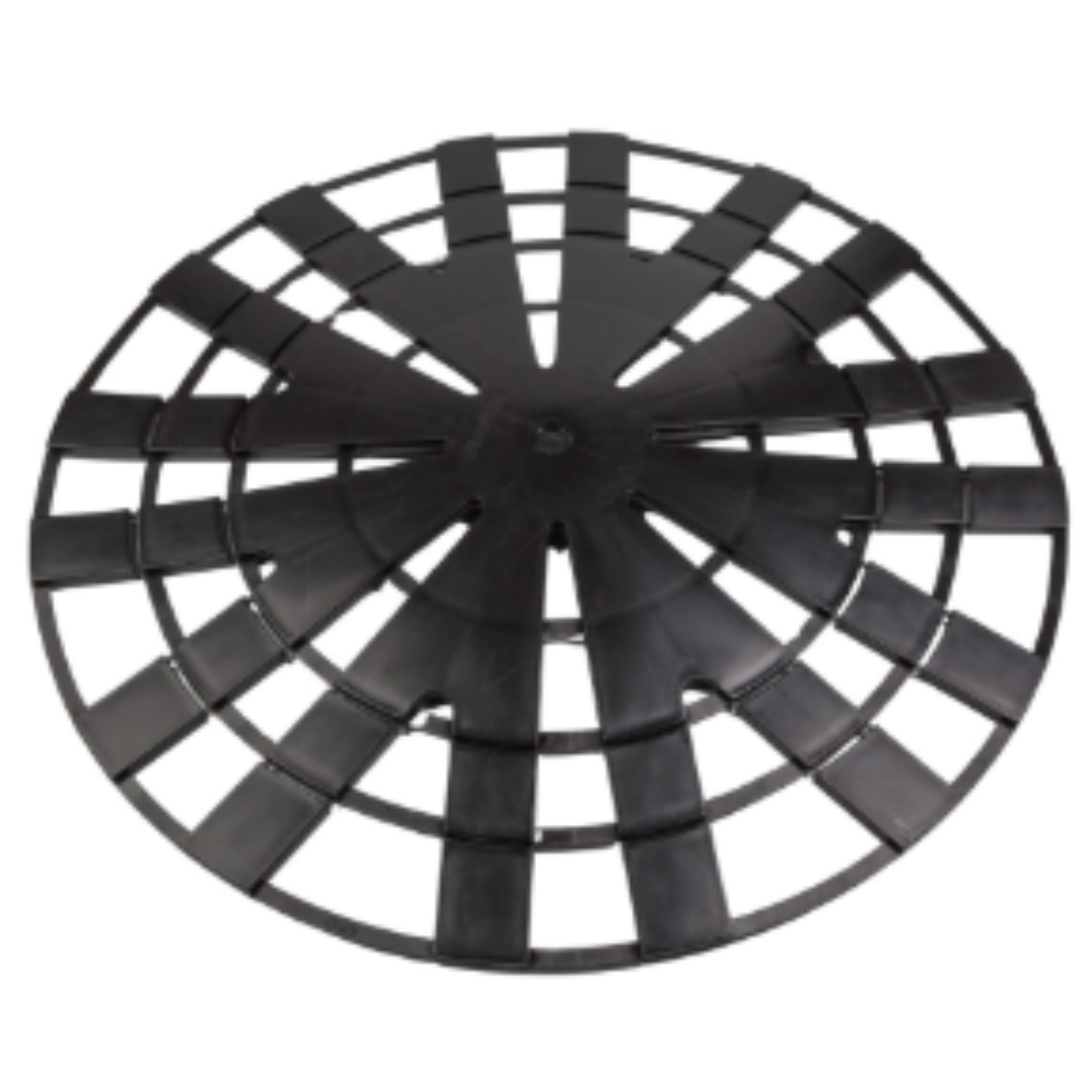 A black, circular, flat-based hot water system pizza base designed to raise a hot water system off the ground.
