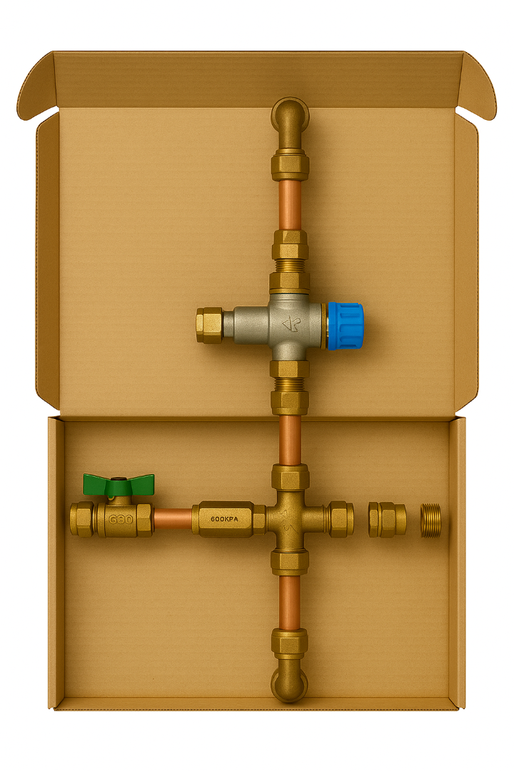 Brass plumbing valve assembly on a cardboard box