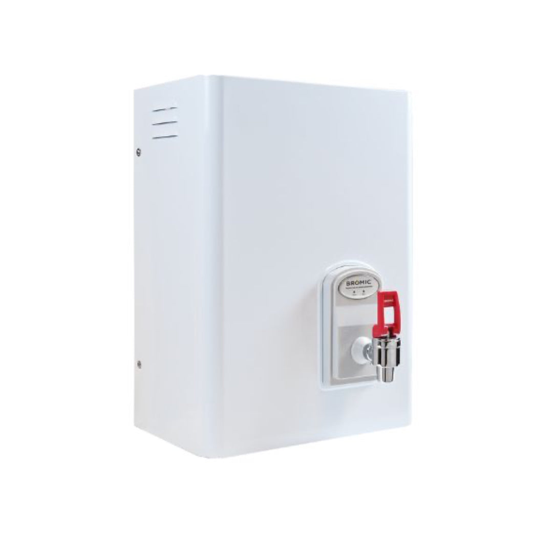 A white, wall-mounted instant boiling water dispenser with a red lever.