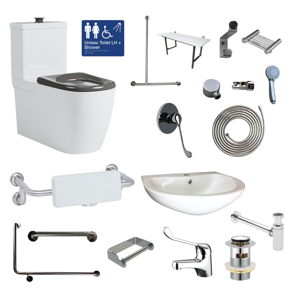 Collection of bathroom fixtures and fittings including a toilet, sink, and various plumbing components on a white background.