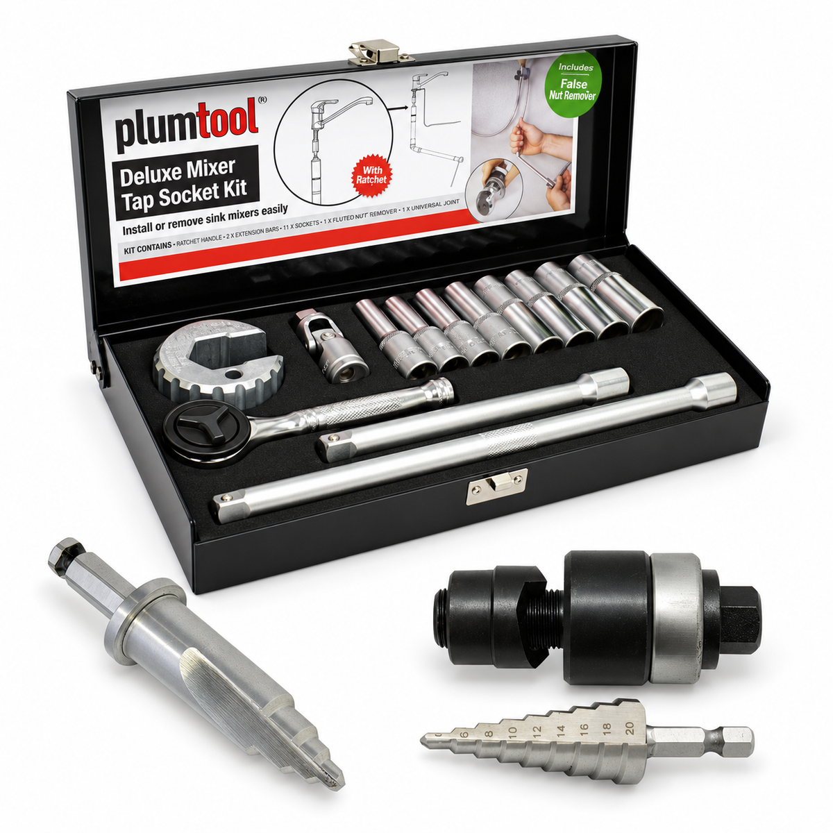 Plumtool Kitchen Fit-Off Kit - Mixer Tap Socket Set Deluxe, Trap Drill, 32mm Tap Hole Cutter | PTKIT-FITOFF